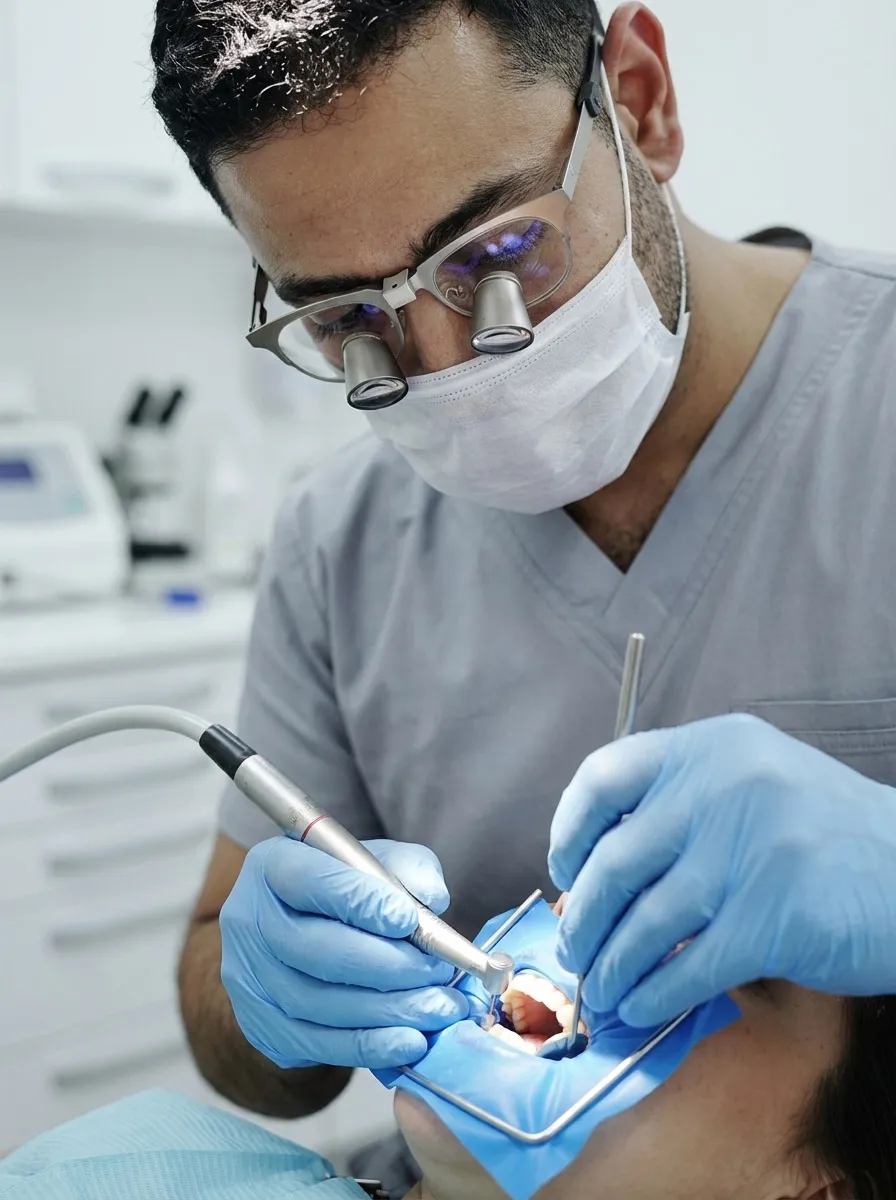 Dentist with loupes and mask performing dental procedure on patient