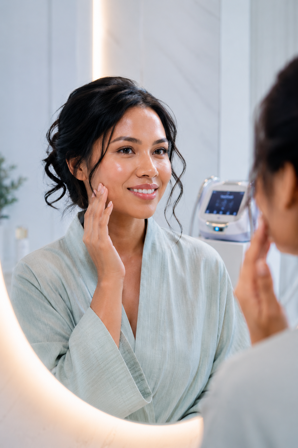 Woman in robe touching face while looking in mirror