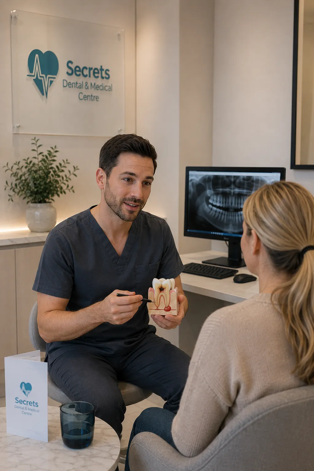 Dentist explaining tooth model to patient at dental clinic