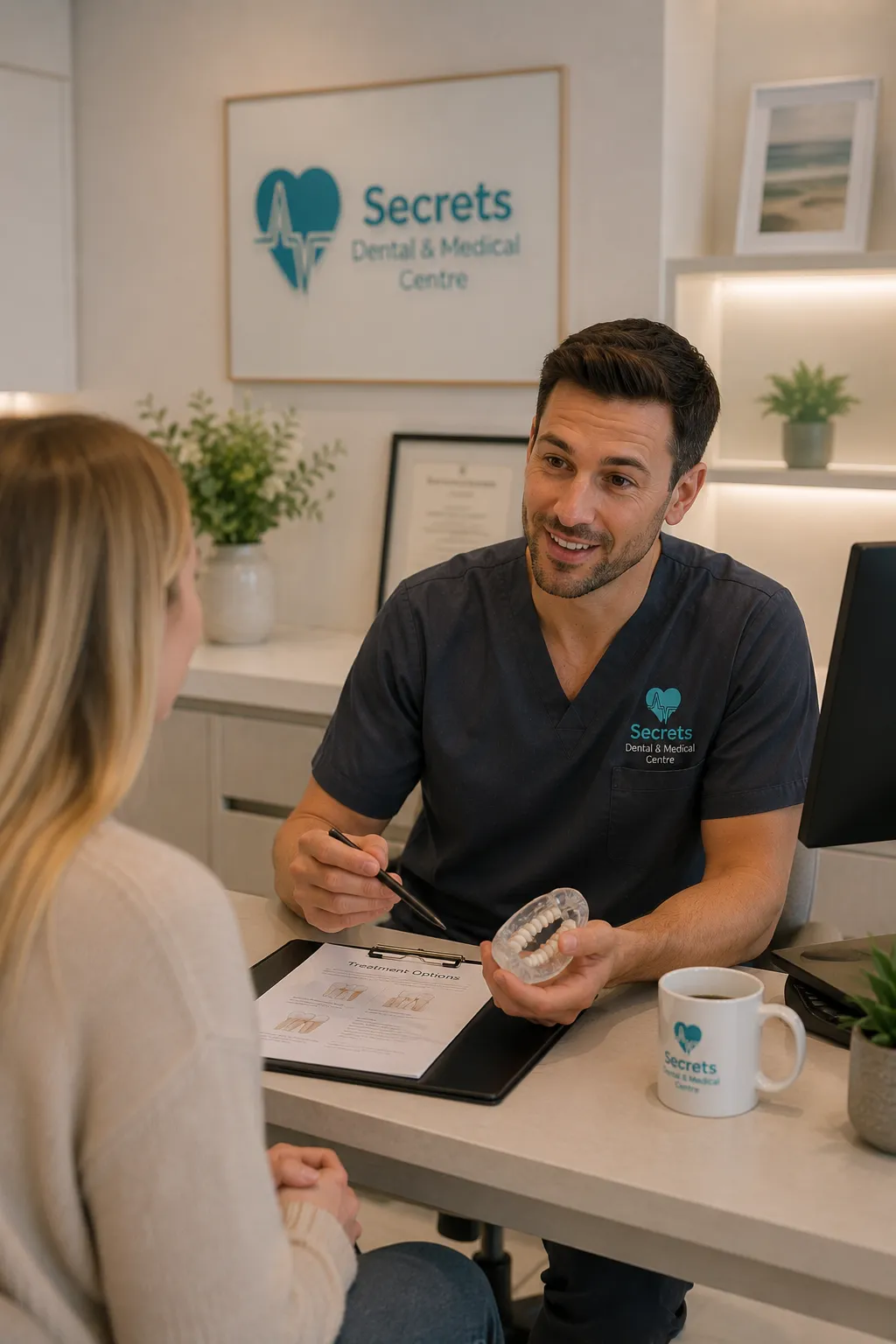 Dentist consulting patient with dental model at Secrets Dental
