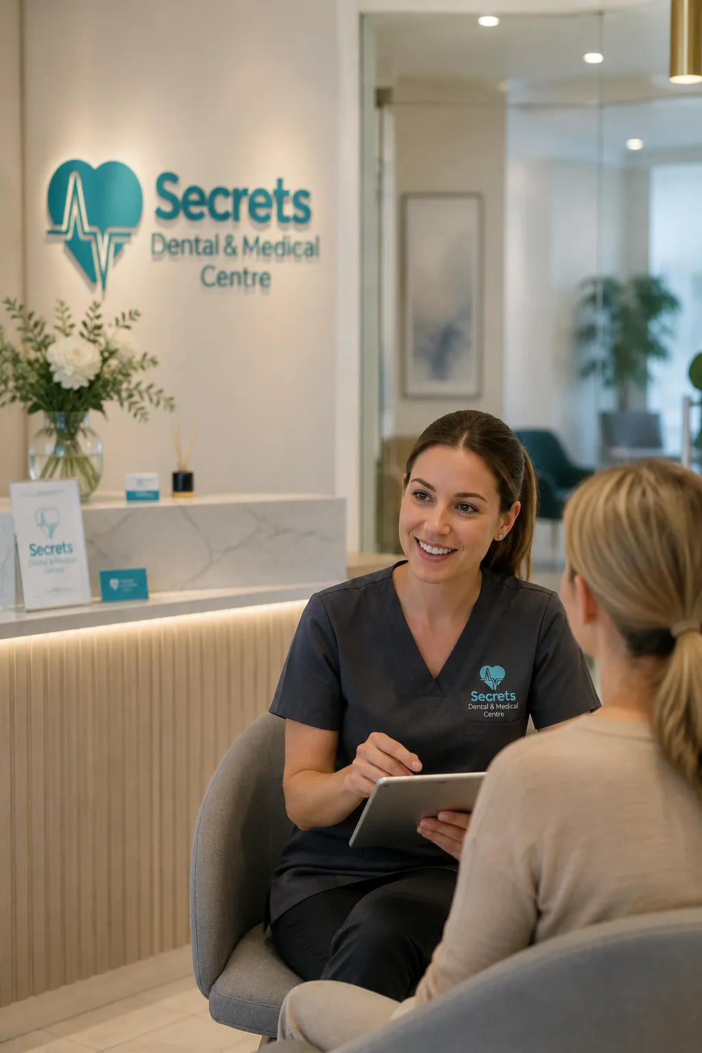 Dental staff consulting patient at Secrets Dental Medical Centre