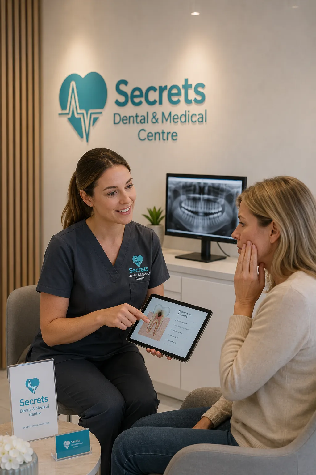 Dentist consulting patient at Secrets Dental Medical Centre