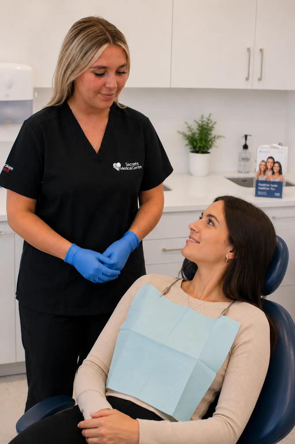 Dental hygienist consulting with smiling patient in dental chair