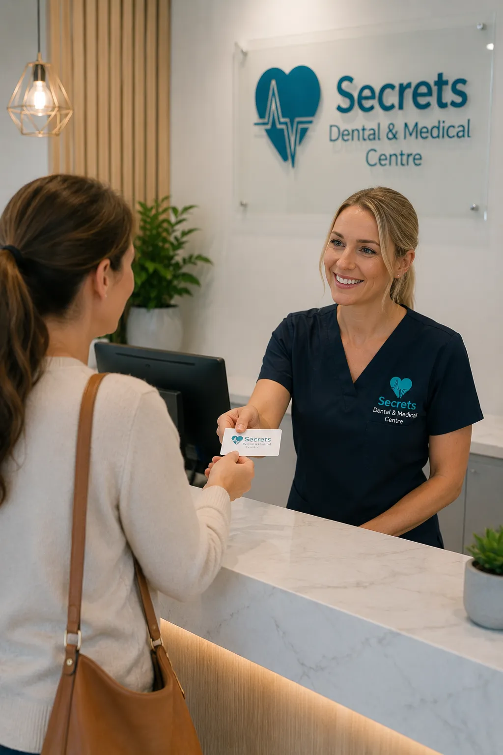 Receptionist handing card to patient at dental clinic front desk
