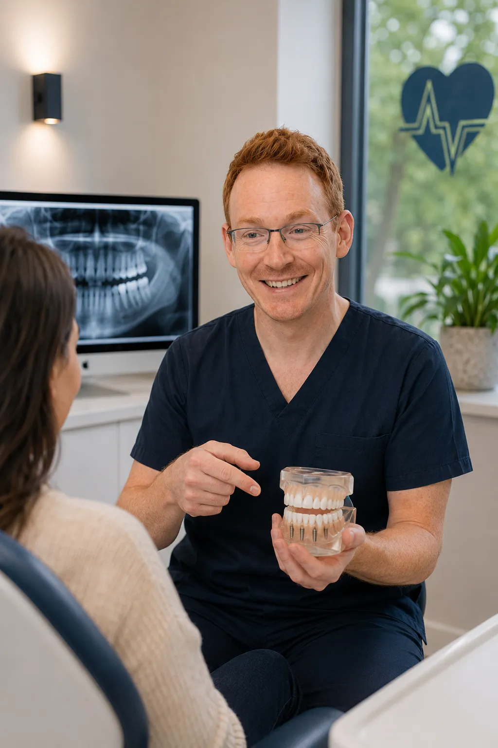 Smiling dentist explaining dental implants model to patient