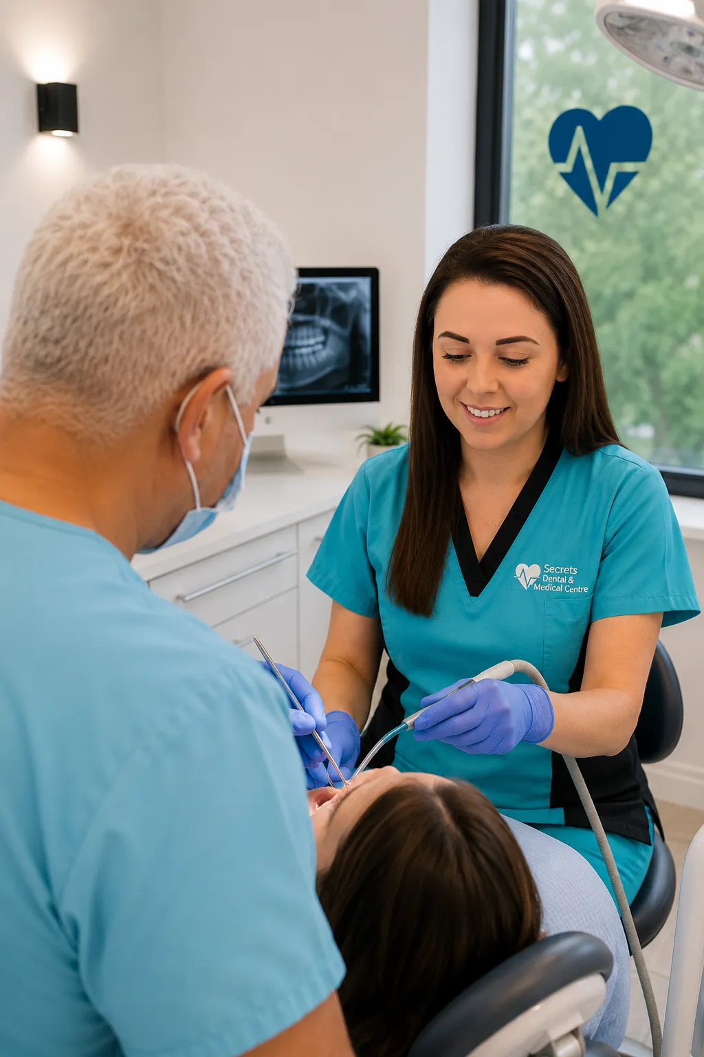 Dental team performing procedure on patient at modern clinic