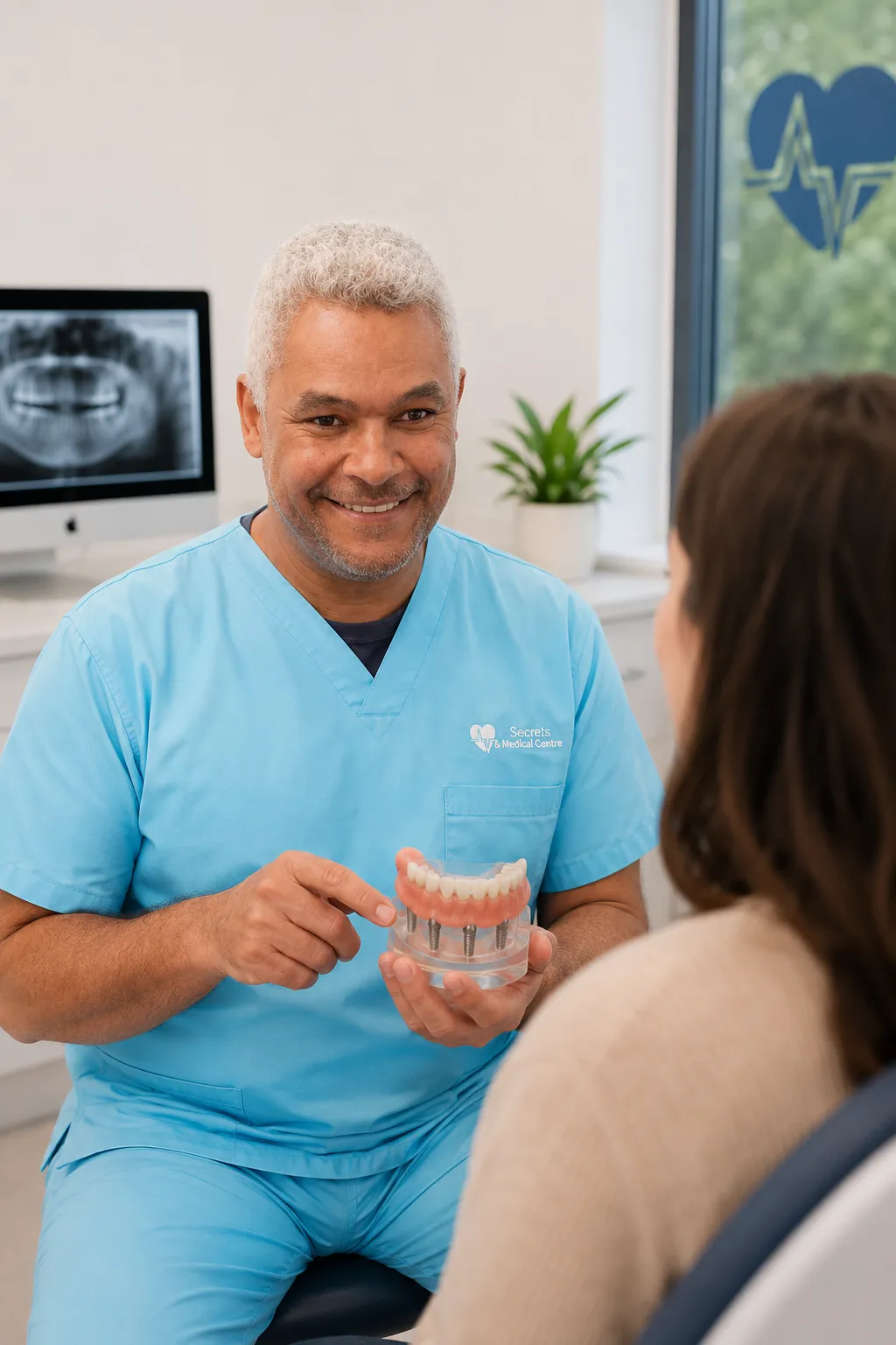 Dentist showing dental implant model to patient in clinic