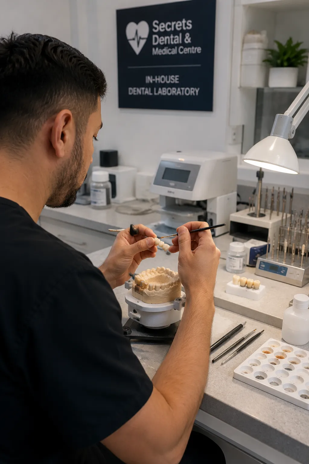 Dental technician crafting tooth prosthetics in in-house laboratory