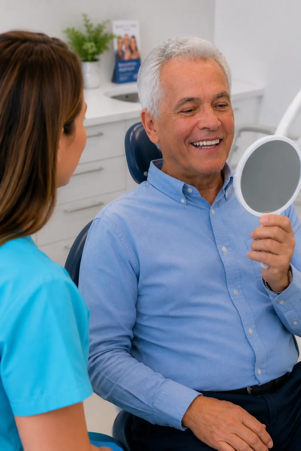 Smiling older man checking teeth in mirror at dental office