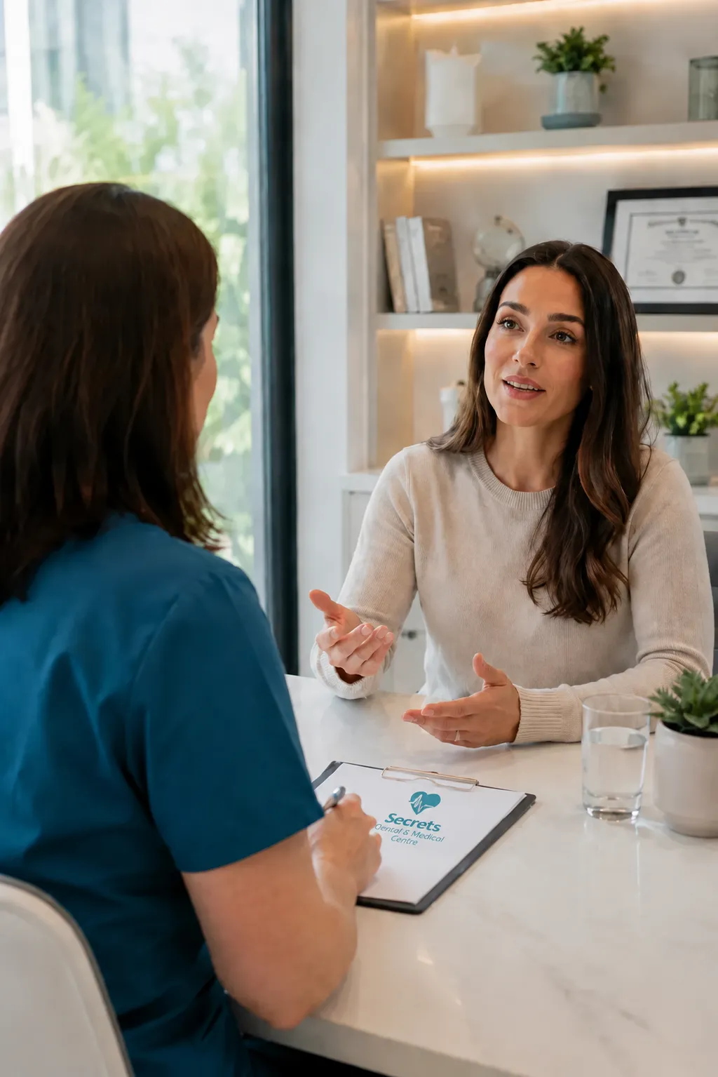 Patient consulting with dental professional at Secrets Dental clinic