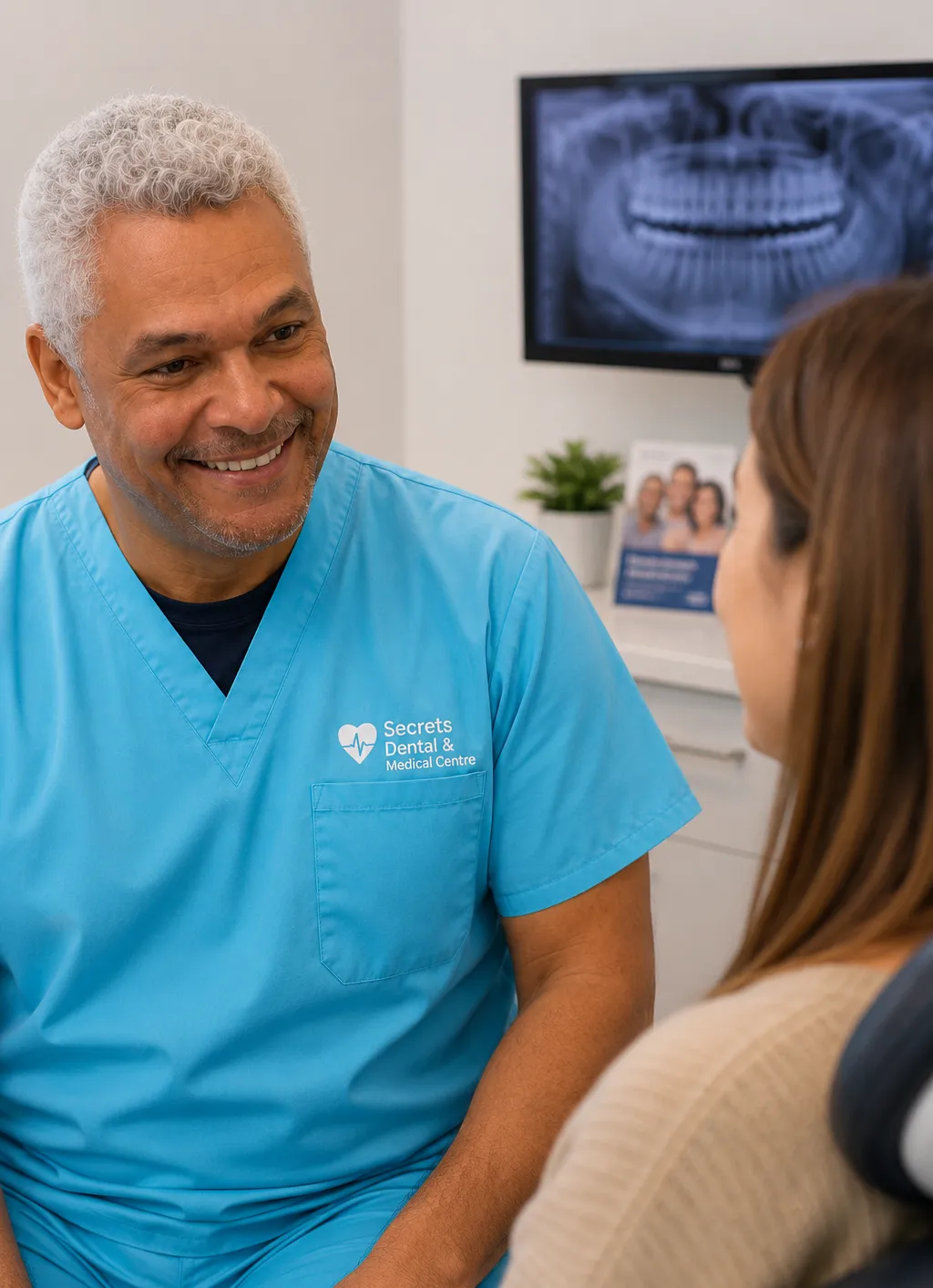 Smiling dentist consulting with patient at dental office