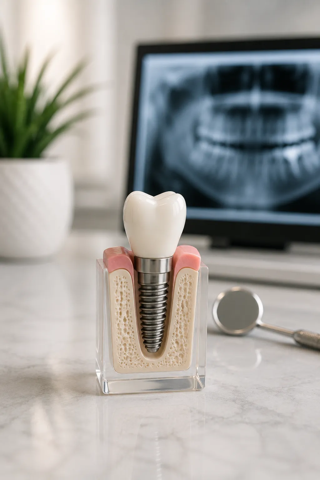 Dental implant cross-section model on dentist office desk