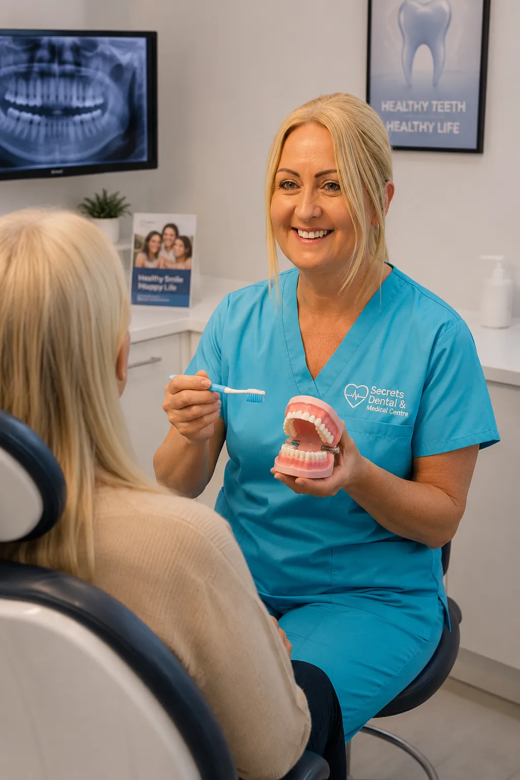 Dental hygienist demonstrating brushing technique to patient