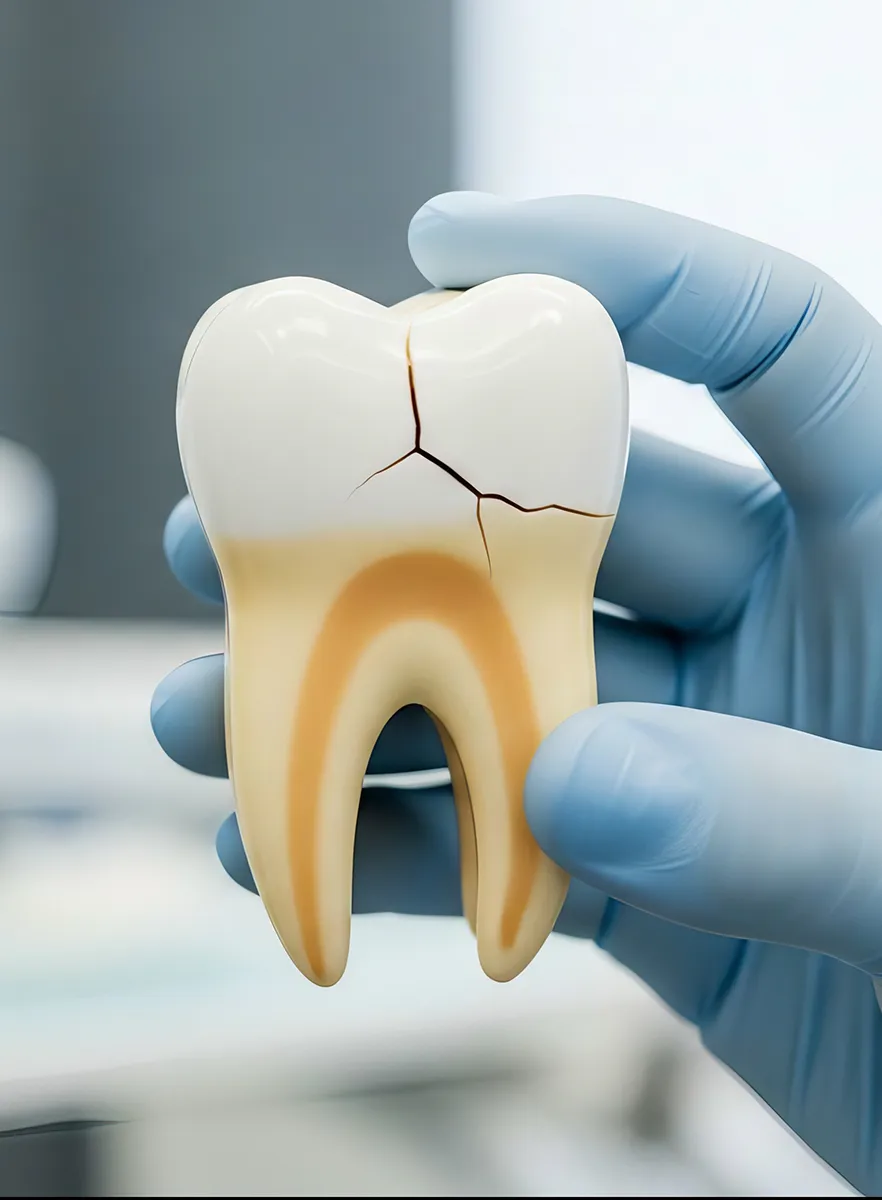 Dentist holding cracked tooth anatomical model with gloved hands