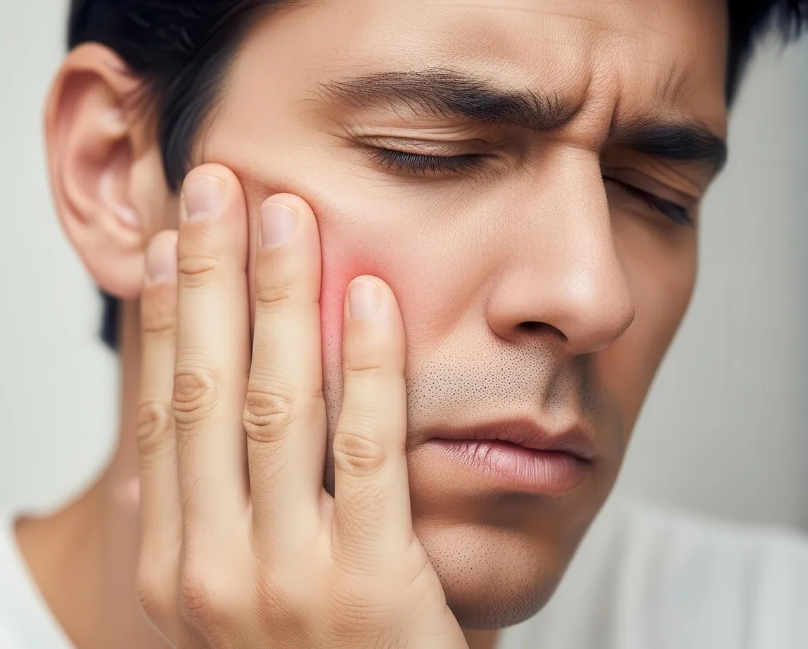 Man holding cheek in pain with visible redness
